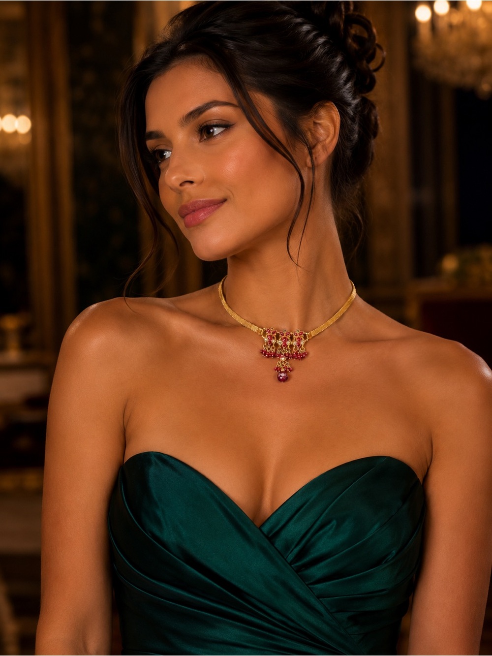 Vintage Gold-Tone Choker with Red Gemstone Pendant